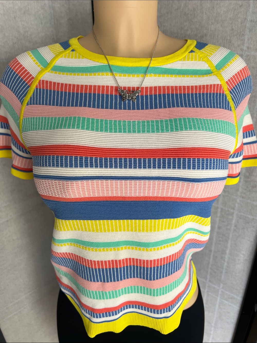 Nine West Multicolor Striped Short-Sleeve Knit Top with Yellow Trim